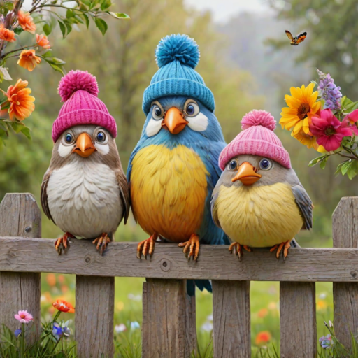 create a scene of 4 quirky  whimsical colourful comical birds each with a funny expression. they are sat on a wooden fence with colourful flowers. they are all different sizes. each one is a different colour  one is wearing a woolly hat. Each one has a different quirky google expression and there is a muted background of trees watercolour paintierly style high definition 8k resolution 3D paper mache