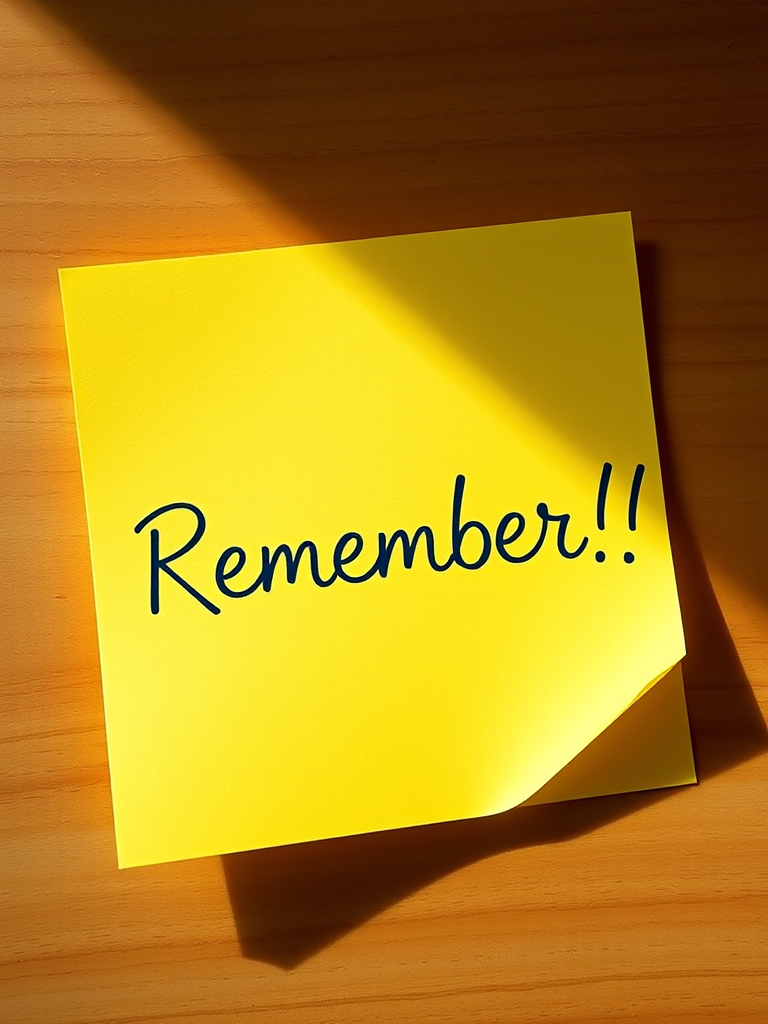 Create a vibrant, high-resolution image of a yellow sticky note with the word "Remember!!" written in elegant cursive, using a Canon EOS R5 camera with a 50mm lens, aperture set to f/2.8, ISO 100, and soft natural lighting, captured from a top-down perspective to enhance clarity and detail.