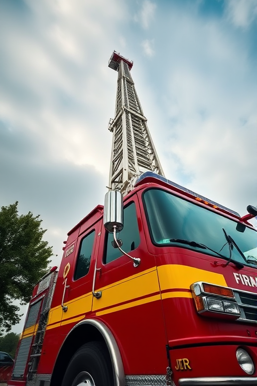 Generate a high-resolution image of a fire truck with an extended ladder reaching upward, shot with a DSLR camera at f/8 aperture, ISO 200, 1/200s shutter speed, from a low angle to enhance perspective, using a vibrant color profile to emphasize the red and yellow of the truck.