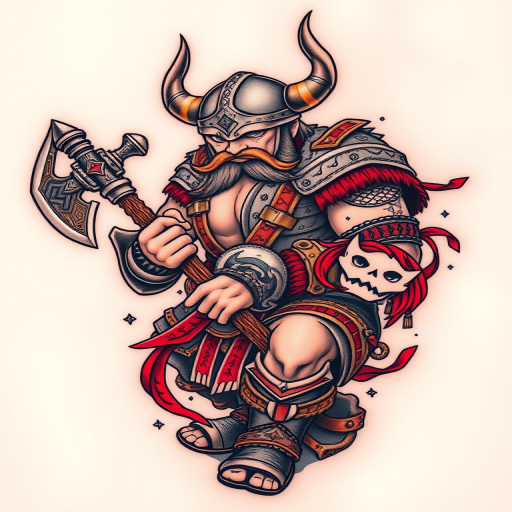 Neo-traditional tattoo of a fierce Viking warrior wielding an ornate battle axe, incorporating bold outlines, rich colors, and stylized elements inspired by Norse mythology
