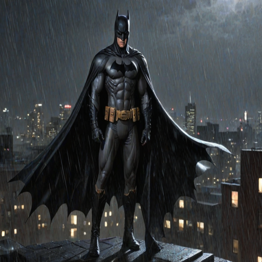 illustration, absurdres,  masterpiece, 1boy, jim lee ,batman, standing, night, city, male focus,serious, on roof,cape,black armor, serious, cowboy shot, heavy downpour, floating cape
