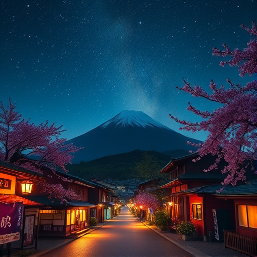 generate a vibrant night scene of a traditional Japanese village with illuminated buildings and cherry blossoms under a starry sky, featuring Mount Fuji in the background, shot with a Canon EOS R5, ISO 100, f/8, 30 seconds exposure, wide-angle lens at 24mm, enhanced colors and sharp details in a cinematic style