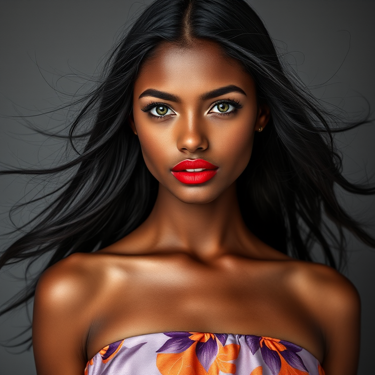 Photographic image of a beautiful young Mulatto woman, green eyes, lips with red lipstick, long hair fluttering in the wind and wearing a silk strapless dress with a soft purple and orange print. monochrome image with only color highlights in the iris of the eyes, lipstick and dress. Gray background.