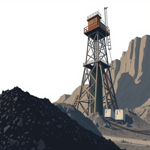Create a detailed illustration of a mining tower with a sloped structure, a pile of coal beside it, captured with a DSLR camera at f/8 aperture, ISO 100, 50mm lens, in a bright outdoor setting, with a slight angle to emphasize depth and perspective.