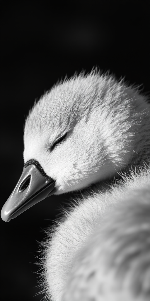 close-up of a sleeping cygnet with soft feathers, shallow depth of field, ISO 100, f/2.8, 1/200s, natural light, DSLR camera, 85mm lens, black and white photography