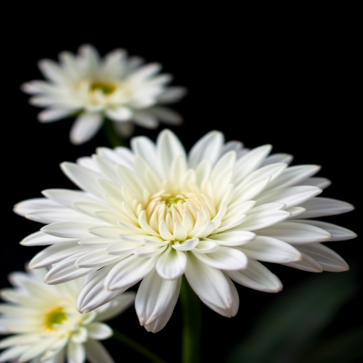 Capture a close-up of a white chrysanthemum against a black background using a DSLR camera, 50mm lens, f/2.8 aperture, ISO 100, shutter speed 1/125 sec, with soft diffused lighting for a high-quality, detailed image.