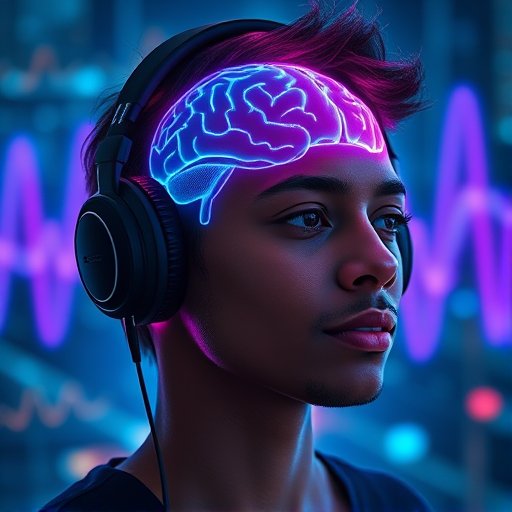 Create a digital art image of a person wearing headphones, with a glowing brain and soundwave visualization in the background, using a Canon EOS R5 with an 85mm f/1.2 lens, at ISO 100, f/1.2, and shutter speed 1/200s, in a high-resolution, cinematic style with vibrant colors and sharp details.