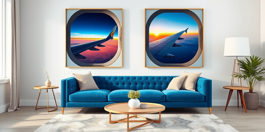 Create an image of a modern living room featuring a blue tufted sofa and a round coffee table, with two large artworks of airplane windows showing a sunset sky on the wall, photographed with a DSLR camera at f/2.8, ISO 100, 35mm lens, natural lighting, and a wide-angle view for enhanced depth and clarity.