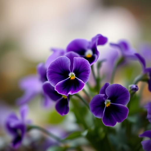 Regenerate a vibrant cluster of purple pansy flowers against a soft blurred background, captured with a Canon EOS R5, aperture f/2.8, shutter speed 1/250s, ISO 100, using a macro lens for detailed close-up shot.