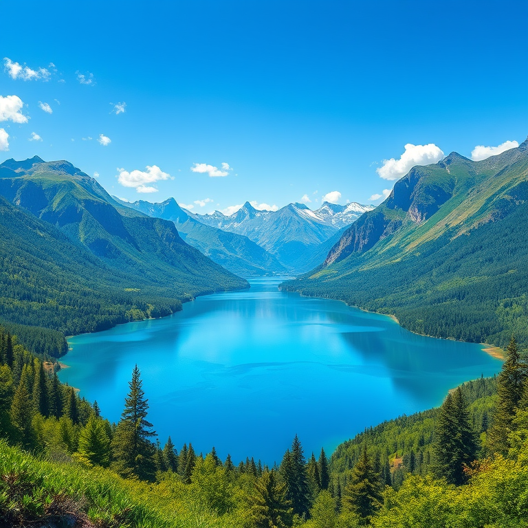 Create a detailed illustration of a serene landscape featuring a tranquil lake surrounded by lush green mountains under a bright blue sky, captured with a DSLR camera at f/8 aperture, ISO 100, 24mm lens, in a landscape orientation for enhanced clarity and depth.