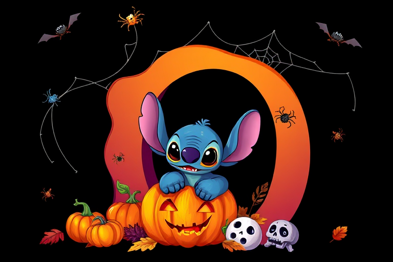 A whimsical and vibrant Halloween-themed digital illustration featuring the letter "O" adorned with spider webs, small bats, and cute spiders. At the base of the letter, a playful alien character similar to Stitch is peeking out from inside a carved pumpkin with glowing eyes, surrounded by additional pumpkins, a small skull, and autumn leaves. The letter is gradient-colored from orange to purple, adding a magical atmosphere to the scene, black background
