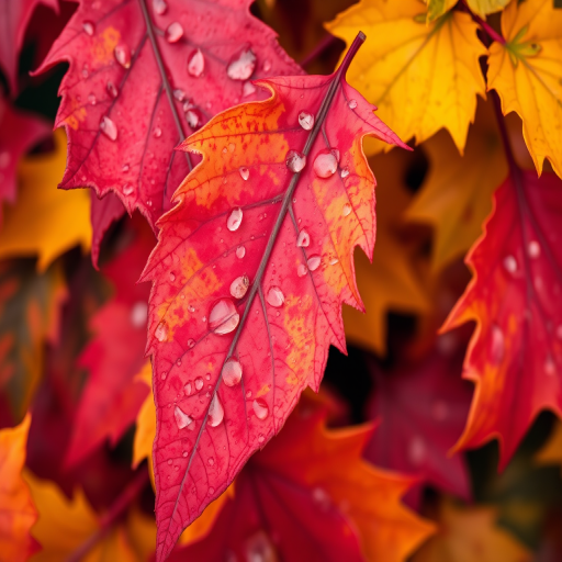 Close-up of vibrant autumn leaves in shades of red, orange, and yellow with raindrops, shot with a DSLR camera at f/2.8, ISO 200, shutter speed 1/60 sec, focused from a bird's eye view with a macro lens to enhance detail and sharpness.