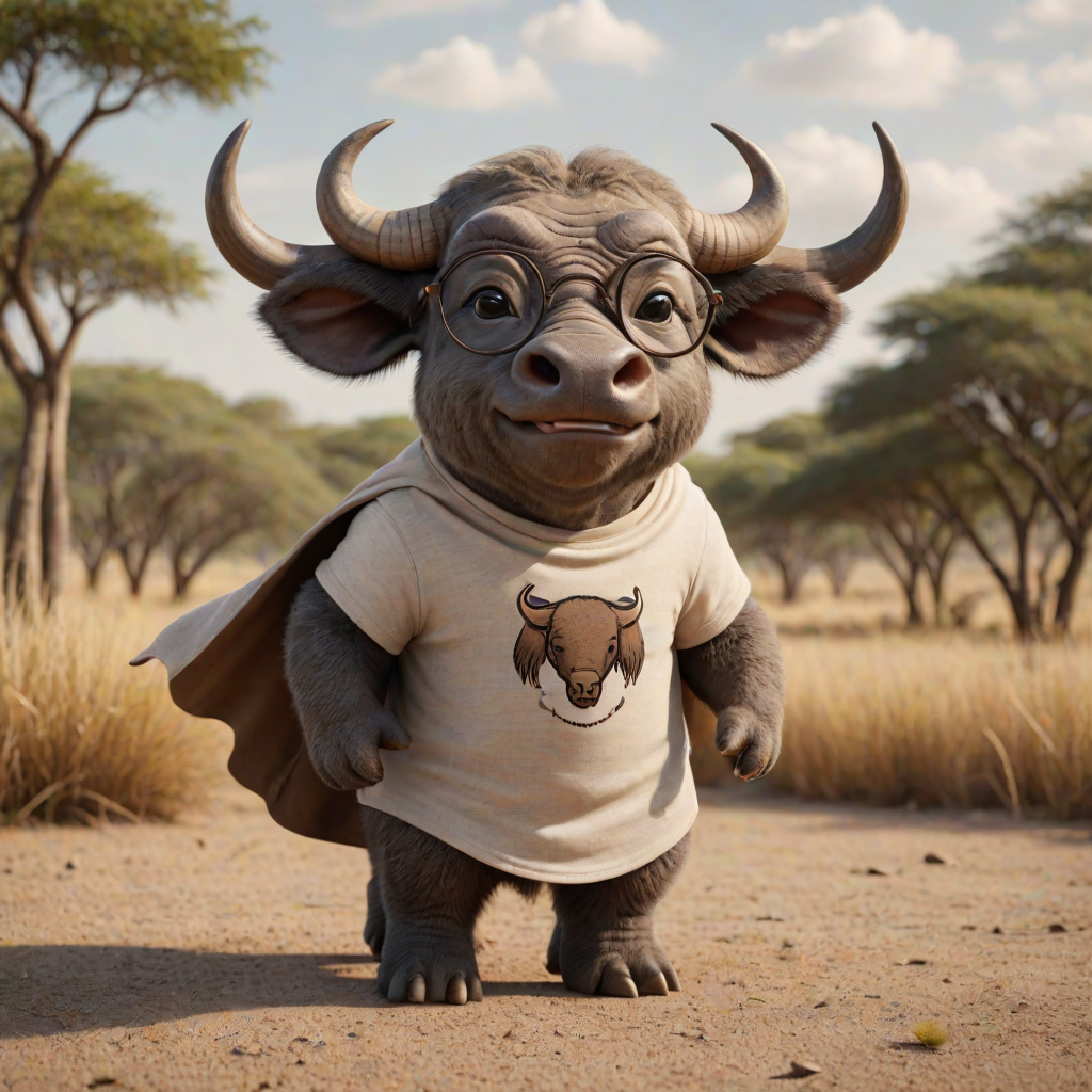 Hyperrealistic 3D render of a smiling cartoon Cape Buffalo wearing glasses and a beige t-shirt with a smaller buffalo image printed on it, missing some teeth, set against a blurred African savanna background, detailed fur, 8k resolution, octane render, artstation trending.