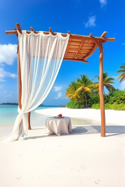 Create a picturesque tropical beach scene featuring a serene, white sandy shore. In the foreground, there's a rustic wooden canopy with white drapes gently flowing in the breeze. Underneath the canopy, a table is set with tropical decor, evoking a sense of relaxation and leisure. The beach extends into a calm, shallow water area with reflections of the sky and surroundings. Palm trees and lush greenery line the edge of the beach, providing a natural, tropical backdrop. The sky is clear with a few scattered clouds, and the overall atmosphere is tranquil and inviting, perfect for a peaceful retreat.