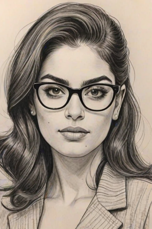 Graceful Inbar Lavi, pencil sketch, portrait of Elegant woman 1964s in glasses, hair style beatnik, outline, clear lines, fine lines, 8k