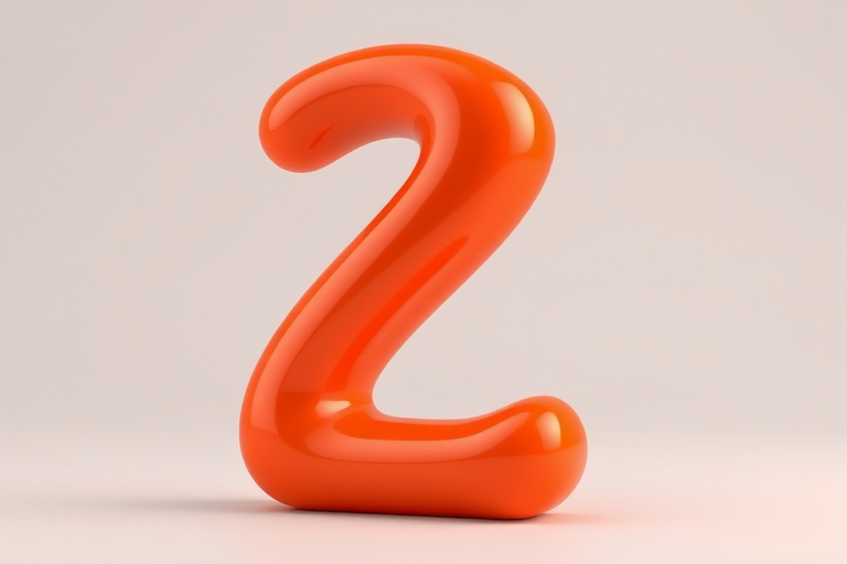 Create a 3D render of the number two in a glossy orange finish, with soft shadows and a subtle gradient, using a Canon EOS R5 camera at f/4 aperture, ISO 100, 50mm lens, in a studio setting with a softbox light for enhanced clarity and depth.