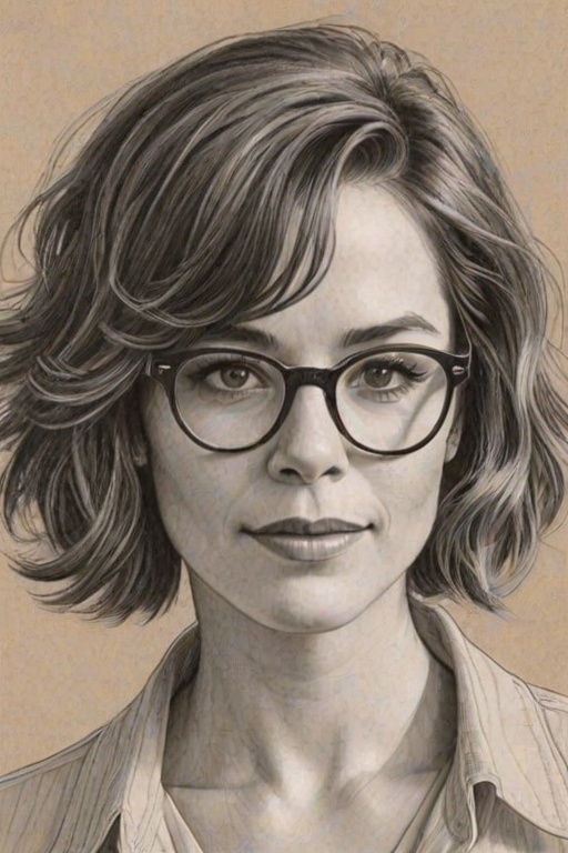 Radiant Parker Posey, pencil sketch, portrait of Fascinating woman 1924s in glasses, hair style beatnik, outline, clear lines, fine lines, 8k