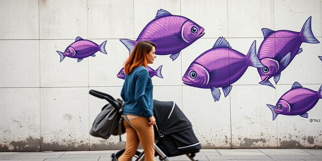 Capture a side view of a woman pushing a stroller past a large mural of purple fish on a wall, using a DSLR camera with a 50mm lens at f/2.8, ISO 100, and a shutter speed of 1/200 sec, ensuring sharp focus on the mural while slightly blurring the background.