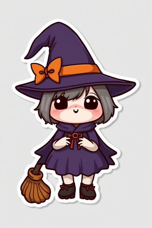 this photo is a kawaii Witch's familiar sticker, 3d digital art, grey background, sticker line weight