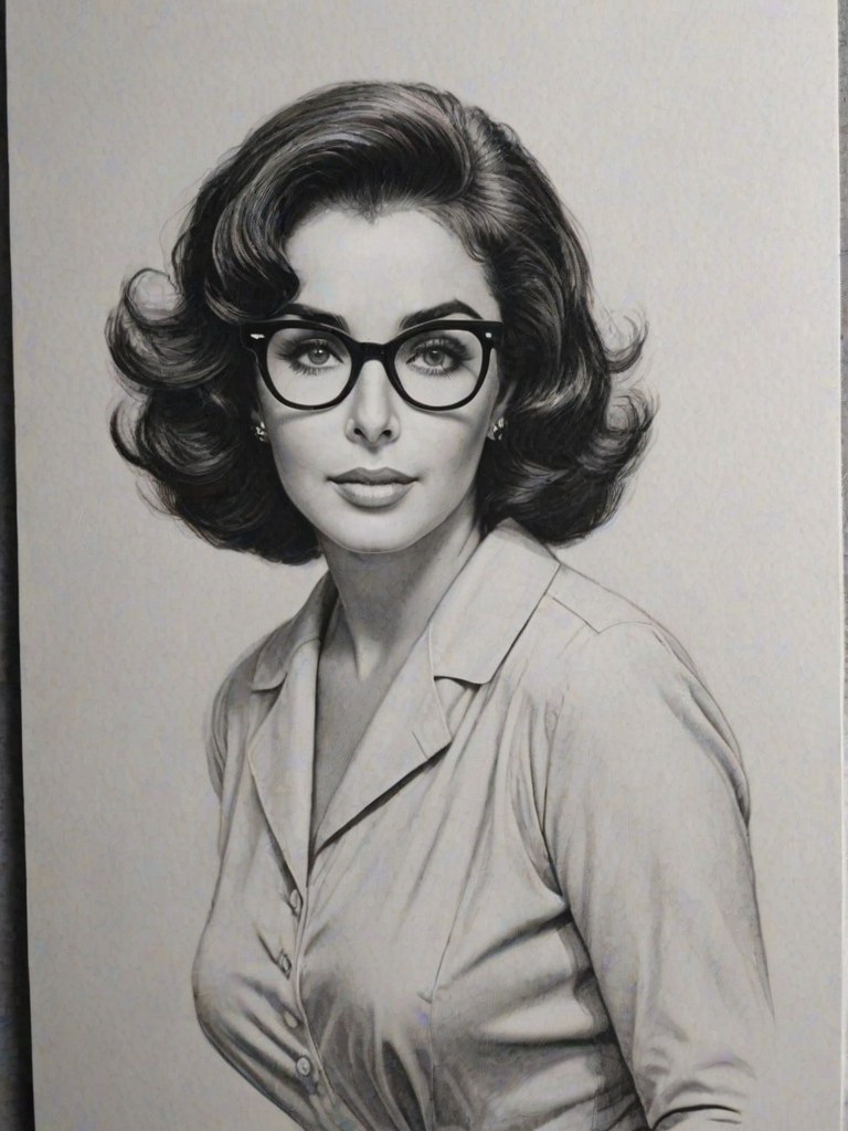 Attractive Elizabeth Taylor, pencil sketch, portrait of Resplendent woman 1976s in glasses, hair style beatnik, outline, clear lines, fine lines, 8k