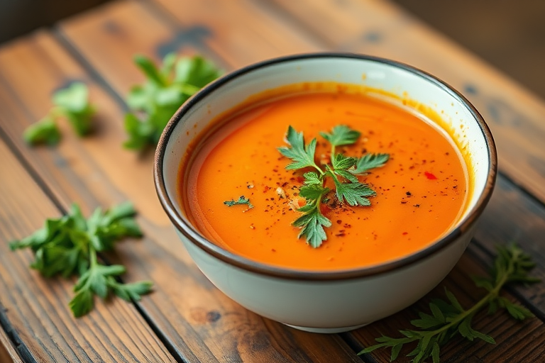 capture a vibrant close-up of a bowl of soup garnished with fresh herbs, rustic wooden table backdrop, natural lighting with soft shadows, 50mm lens, f/2.8 aperture, ISO 100, shallow depth of field, DSLR camera