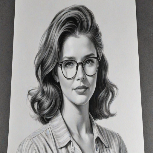 Fetching Katherine Schwarzenegger, pencil sketch, portrait of Fascinating woman 1951s in glasses, hair style beatnik, outline, clear lines, fine lines, 8k
