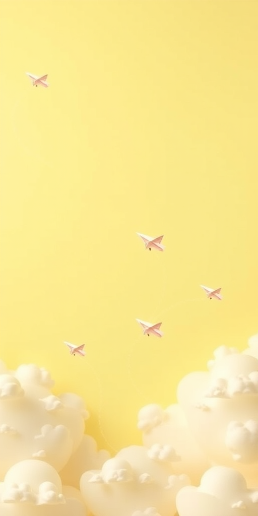 create a bright yellow sky filled with fluffy white clouds and small paper airplanes flying through the scene
