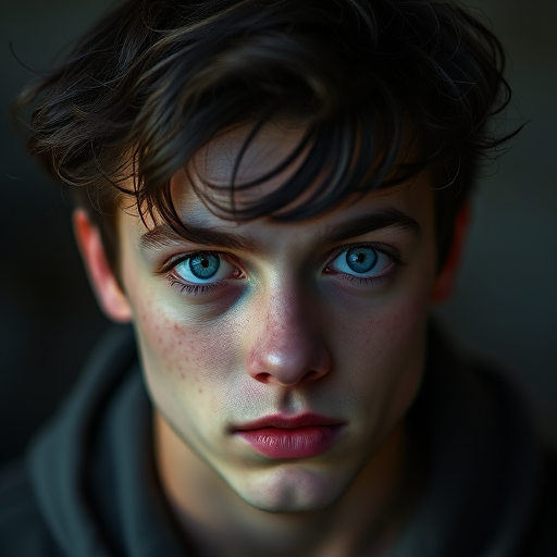 portrait of a young man with tousled dark hair and intense blue eyes, dramatic lighting, shallow depth of field, aperture f/1.8, 85mm lens, ISO 100, shot on a DSLR camera in soft focus style
