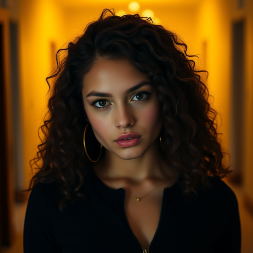 A young woman with long, curly brown hair is looking directly at the viewer. She is wearing a black top with a zipper down the front. The setting is a dimly lit interior space, with a warm, golden light emanating from the background. Her expression is neutral, with a hint of seriousness. The image is a close-up portrait with a shallow depth of field, focusing on the woman's face and torso. The background is blurred, creating a soft and intimate atmosphere.  She is wearing large gold hoop earrings, and a small gold chain is visible around her neck.  Her makeup is natural and simple, highlighting her brown eyes. The lighting creates subtle shadows that accentuate her features.  Her skin is smooth and glows in the soft light. The composition is balanced, with the woman's face positioned in the center of the frame.  The image is focused on capturing her beauty and confidence.