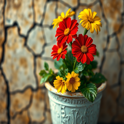 a flower pot with vibrant red and yellow flowers, cracked textured background, high detail, soft focus, 50mm lens, f/2.8 aperture, ISO 100, natural light, macro photography, digital painting style