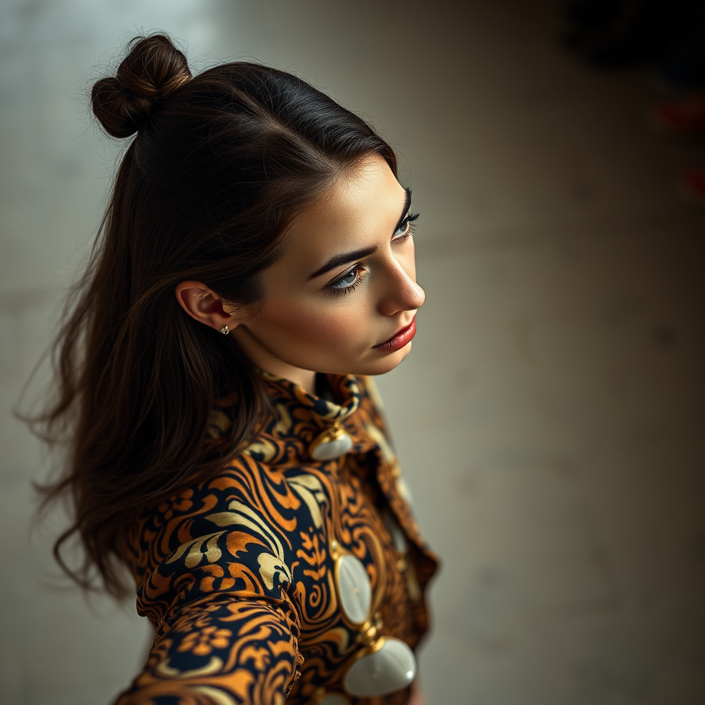 Capture the model from a high angle, emphasizing the outfit’s pattern and silhouette. Use a 35mm prime lens to maintain sharpness and minimize distortion