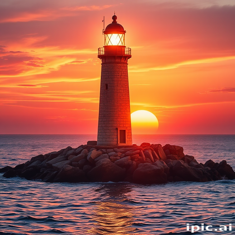 Generate an image of a tall lighthouse perched on a rocky outcrop surrounded by calm ocean waters during a breathtaking sunset. The lighthouse stands sturdy and weathered, its stone surface illuminated by the warm golden light of the setting sun. The sun's rays pass directly through the glass lantern room at the top of the lighthouse, casting a brilliant light across the scene. The sky is painted with vibrant shades of orange, pink, and purple, reflecting off the tranquil sea. The surrounding water shimmers with the same warm hues, creating a serene and majestic atmosphere.