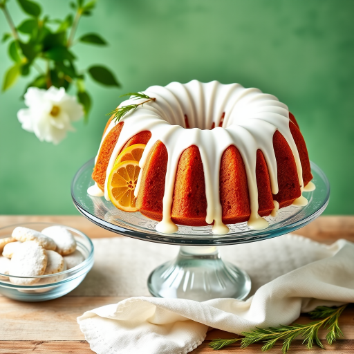 A beautifully decorated bundt cake with a smooth white glaze dripping down the sides topped with bright yellow citrus slices and green sprigs, displayed on a clear glass cake stand, accompanied by a bowl of powdered sugar cookies and a light patterned cloth, with a soft green background and greenery in the background.