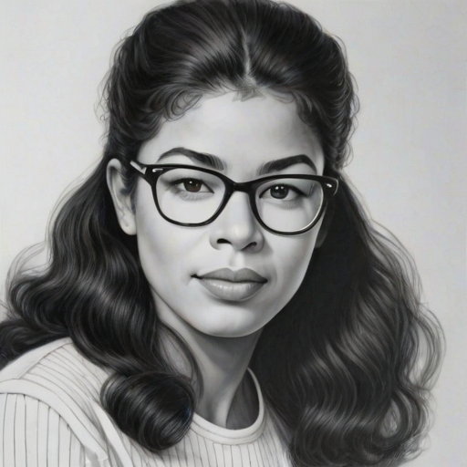 Charming Irene Cara, pencil sketch, portrait of Stunning woman 1954s in glasses, hair style beatnik, outline, clear lines, fine lines, 8k