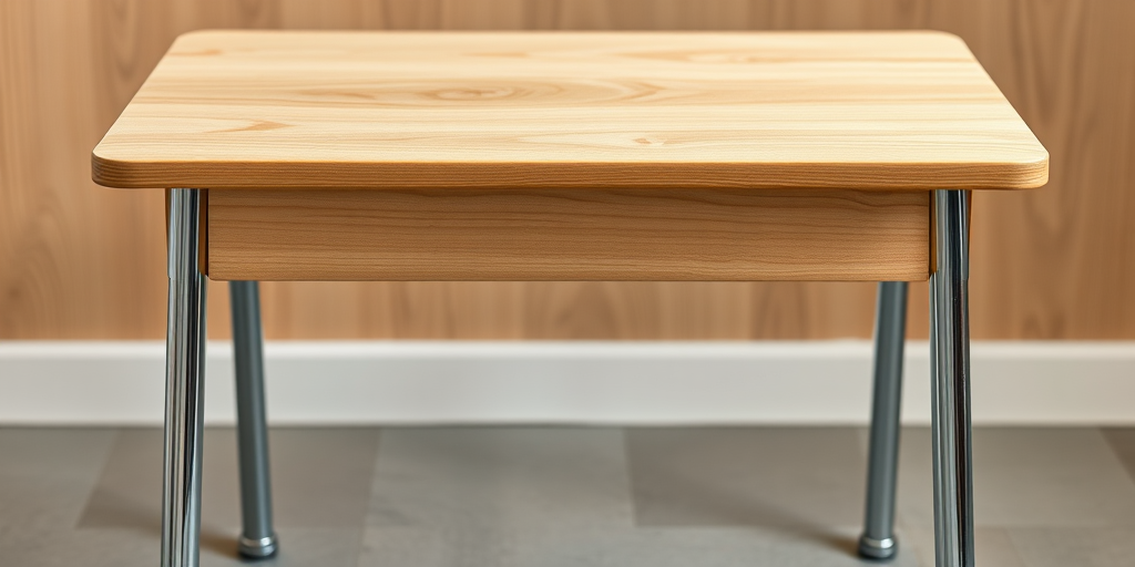 create a high-resolution vector illustration of a school desk from a frontal view with a light wood finish and metal legs, using a DSLR camera with a 50mm lens, aperture f/1.8, ISO 100, soft lighting to enhance details and colors, focus on the textures of the wood and the metal components