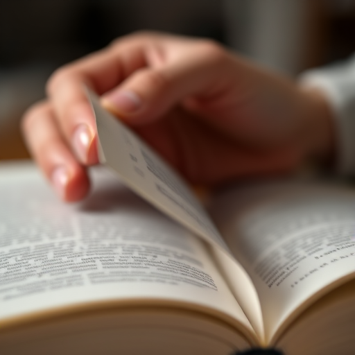 close-up shot of a hand holding the edge of an open book showing the pages with a shallow depth of field, f/2.8 aperture, 50mm lens, ISO 100, natural lighting, DSLR camera