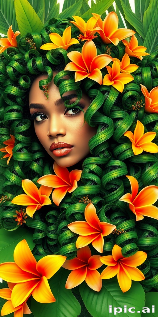 Tropical paradise blend of vibrant greens, yellows, and oranges, styled in voluminous curls adorned with exotic flowers, evoking lush island landscapes