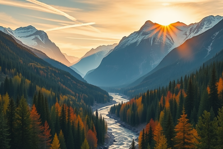 a breathtaking landscape featuring majestic mountains with snow-capped peaks, vibrant forests in the foreground, a serene river flowing through the valley, golden sunlight illuminating the scene, captured with a Canon EOS R5, 24mm lens, f/8 aperture, ISO 100, early morning light, high dynamic range photography