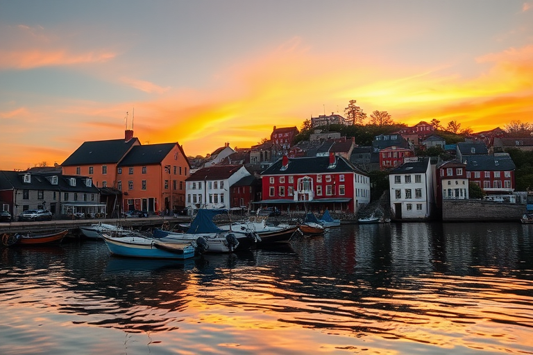 capture a scenic view of a fishing village on calm waters during golden hour with vibrant colors, using a DSLR camera, 50mm lens, aperture f/2.8, ISO 200, shutter speed 1/200s, high angle shot, enhanced clarity and saturation
