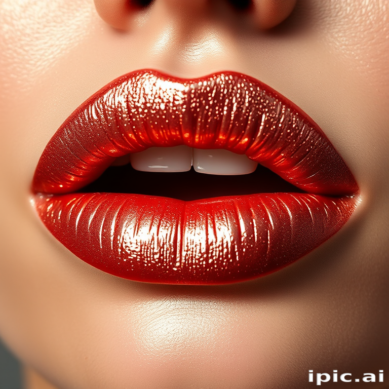 Shimmering rose gold lips glisten with metallic sheen, reflecting light in a mesmerizing display of luxury and sophistication, perfect for glamorous close-up shots