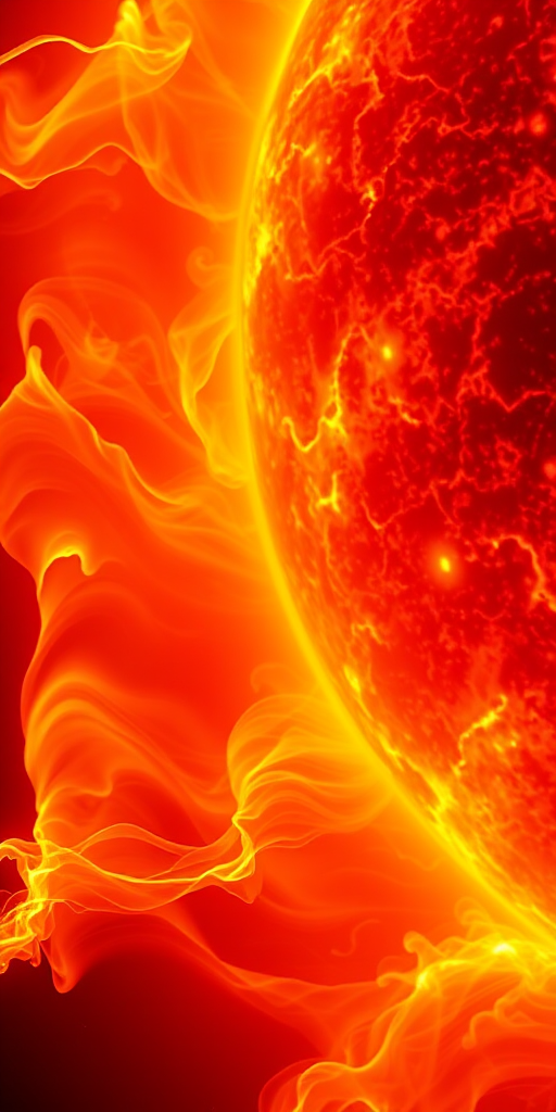 Generate a vibrant close-up image of a fiery sun with swirling textures, in ultra-high-definition, using a DSLR camera with a 50mm lens, aperture set to f/1.8, ISO 100, and a high dynamic range setting for enhanced detail and color contrast.