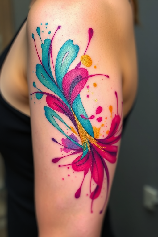 Vibrant watercolor splash tattoo named "Chromatic Symphony" featuring abstract swirls of teal, magenta, and gold intertwining gracefully across the skin creating a fluid and dynamic design that appears to dance with movement elegant brushstrokes blend seamlessly giving the illusion of paint freshly applied to canvas bursts of color radiate outward in a harmonious explosion of hues