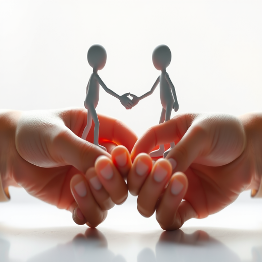 Generate an image of two stylized figures shaking hands while standing on giant hands, using a Canon EOS R camera with a 50mm lens, aperture f/2.8, ISO 100, and a soft focus background to enhance clarity and detail.