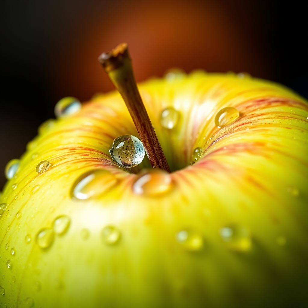 Capture a close-up shot of a green apple with water droplets on it, using a Canon EOS R5 camera, 50mm lens, f/2.8 aperture, ISO 100, 1/200 sec shutter speed, natural lighting, and a shallow depth of field to enhance details and textures.