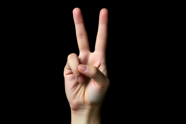 Create a high-contrast minimalist image of a stylized hand gesture resembling a "peace" sign with a solid black background, shot with a Canon EOS R5, 50mm f/1.2 lens, ISO 100, aperture f/2.8, and 1/200s shutter speed for enhanced clarity and detail.