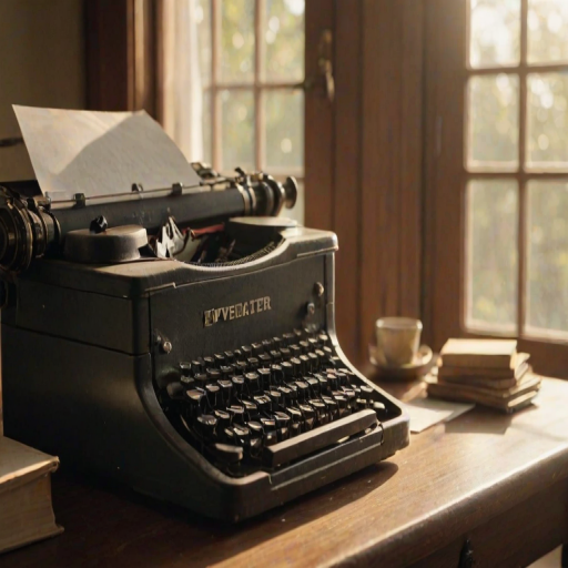 Sharp, detailed image of a vintage typewriter on a wooden desk, soft sunlight streaming through the window, a half-written letter resting in the machine, the smell of ink and old paper lingering in the air, and a sense of nostalgia.