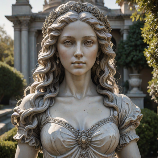 beautiful renaissance princess marble statue decorated with silver ornaments, standing in the sun (marble garden: 1.2), surrounded by topiaries, intricate curly hair, flawless marble skin, (weathered marble texture:1.35), detailed eyes, masterpiece, best quality, intricate details, high detail RAW color photo, very detailed, glorious lighting, cinematic lighting, contrast, bright light, gigapixel, 8k resolution, film, octane rendering, unreal, high definition, 8k uhd, professional lighting, photon mapping, radiosity, physically based rendering, award-winning photography, backlight, Photorealistic, Light particle tracing, vivid color, Obvious layers,Photography Award
