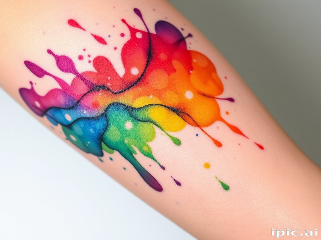 Vibrant watercolor tattoo called "Spectrum Splash" featuring a cascading rainbow of fluid colors blending seamlessly, creating an abstract yet harmonious design that flows organically across the skin