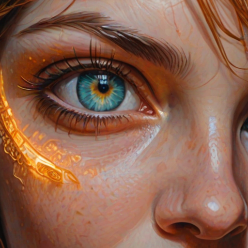 Awe-Inspiring and Vulgar, Glowing Amber Eyes, Fairy-Tale, side lit, in the style of realistic hyper-detailed portraits, dark white and orange, classicist portraiture, dark gold and aquamarine, realist detail, hard edge, technological marvels, aidmasoftglow