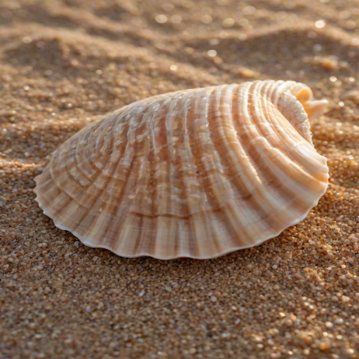 High-resolution close-up of a seashell resting on a sandy beach, soft light from the setting sun illuminating its intricate patterns, with tiny grains of sand visible in the background.